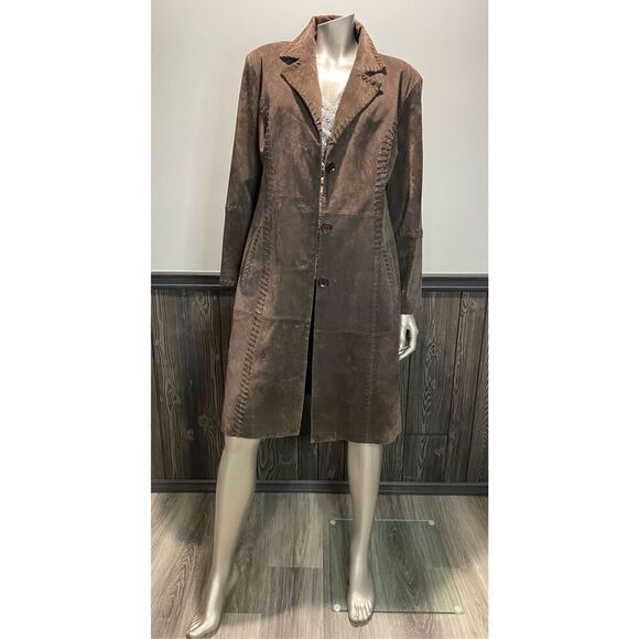 L, Nancy Bolen City Girl Boho suede knee length coat with whip stitch detail. - Picture 3 of 10